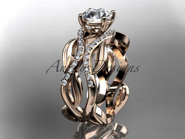 14kt rose gold diamond leaf and vine wedding ring, engagement ring ADLR264