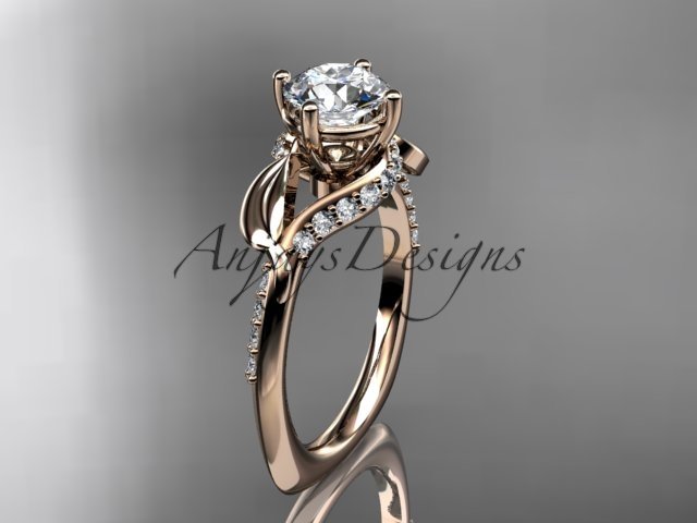 Unique 14k rose gold diamond leaf and vine wedding ring, engagement ring ADLR225