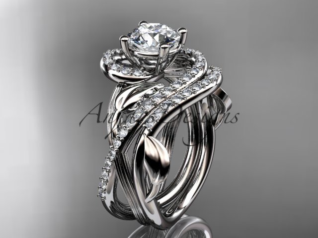 Unique 14kt white gold diamond leaf and vine wedding set, engagement set ADLR222