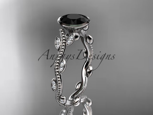 Platinum diamond leaf and vine engagement ring with Black Diamond center stone ADLR33