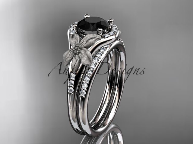 14kt white gold diamond leaf and vine engagement set with a Black Diamond center stone ADLR91S