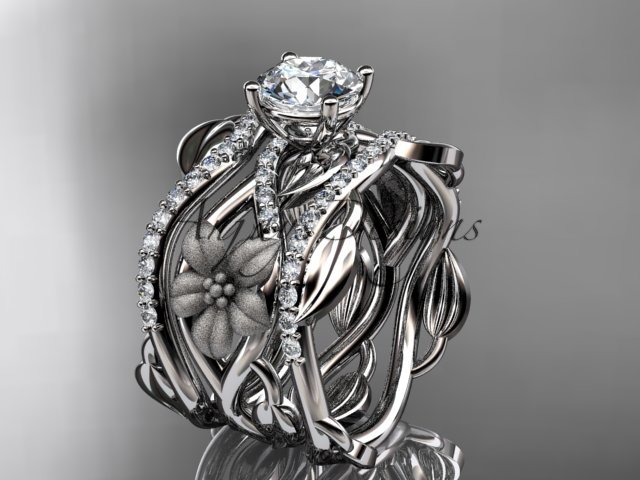 14kt white gold diamond engagement ring with a Moissanite center stone,double matching band ADLR270S