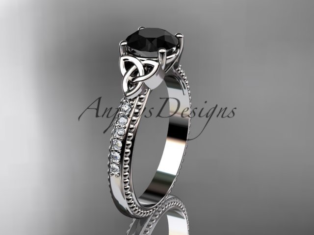 14kt white gold diamond celtic trinity knot engagement ring with a Black Diamond center stone CT7391