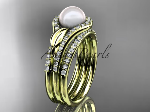 14k yellow gold diamond pearl leaf engagement ring with a double matching band AP334S