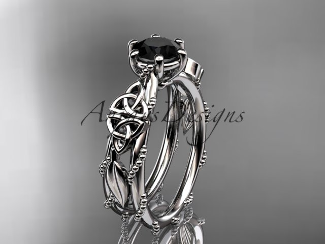 14kt white gold celtic trinity knot engagement ring with a Black Diamond center stone CT766