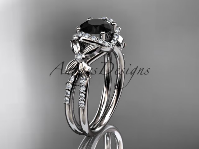 14kt white gold diamond floral engagement ring with a Black Diamond center stone ADLR140