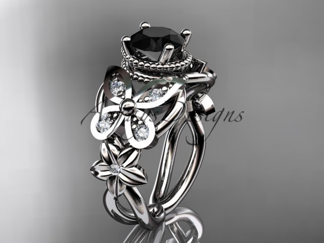 14kt white gold diamond floral engagement ring with a Black Diamond center stone ADLR136