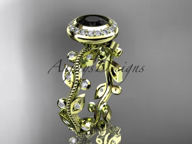 14k yellow gold diamond leaf and vine engagement ring with a Black Diamond center stone ADLR212