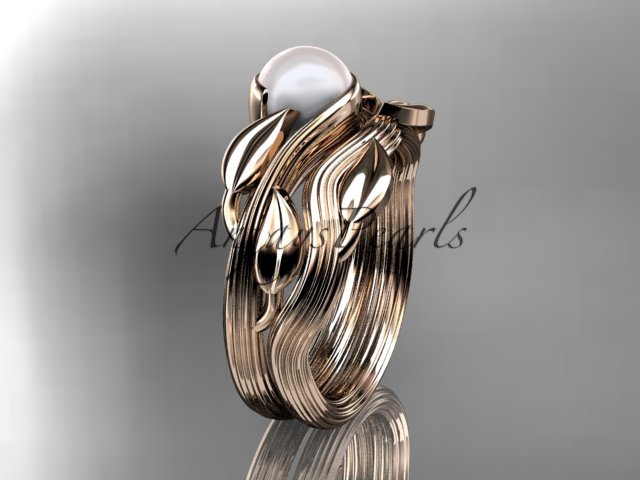 14kt rose gold pearl leaf and vine engagement set AP273S