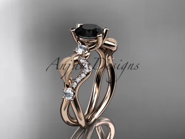 14kt rose gold diamond leaf and vine engagement ring with Black Diamond center stone ADLR68