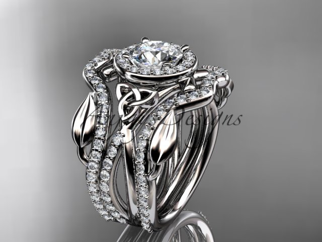 14kt white gold celtic trinity knot engagement ring with a Moissanite center stone CT789S
