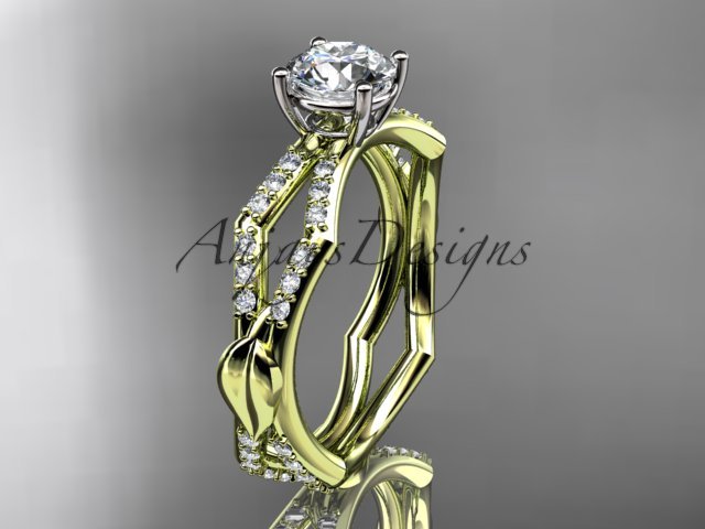 14k yellow gold diamond leaf and vine engagement ring with a Moissanite center stone ADLR353