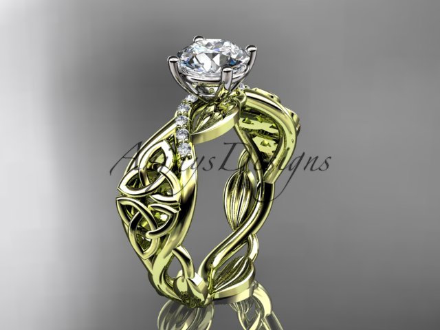 14kt yellow gold diamond celtic trinity knot engagement ring with a Moissanite center stone CT7270