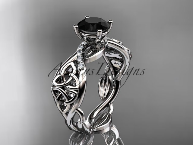 14kt white gold diamond celtic trinity knot engagement ring with a Black Diamond center stone CT7270