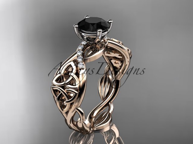 14kt rose gold diamond celtic trinity knot engagement ring with a Black Diamond center stone CT7270