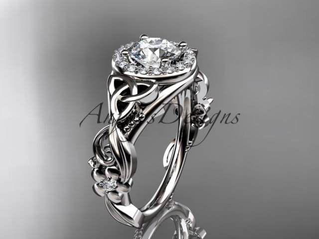 14kt white gold diamond celtic trinity knot engagement ring with a Moissanite center stone CT7300