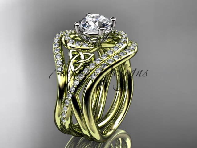 14kt yellow gold diamond celtic trinity knot engagement ring with double matching band CT7320S