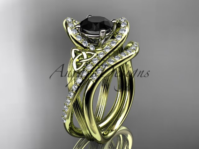 14k yellow gold diamond celtic trinity knot engagement set with a Black Diamond center stone CT7369S