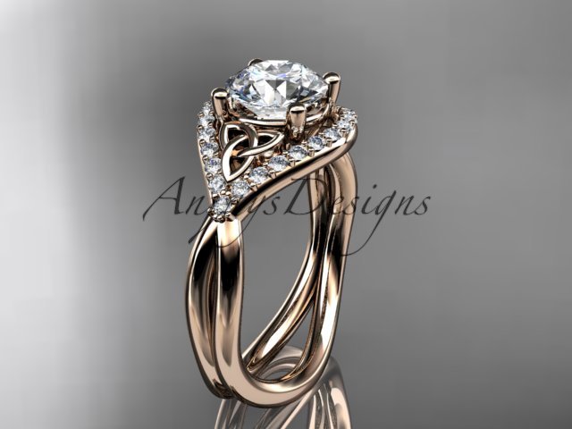 14kt rose gold diamond celtic trinity knot engagement ring with a Moissanite center stone CT7390