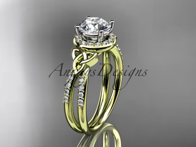 14kt yellow gold diamond celtic trinity knot engagement ring with a Moissanite center stone CT7373