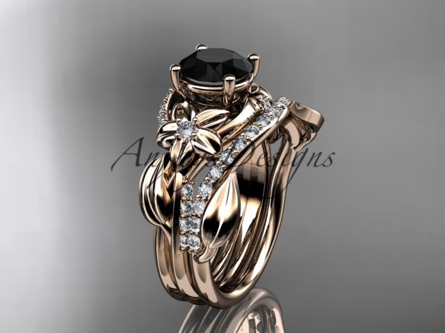 14k rose gold diamond leaf and vine engagement set with a Black Diamond center stone ADLR224S
