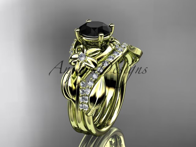 14k yellow gold diamond leaf and vine engagement set with a Black Diamond center stone ADLR224S