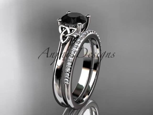 Platinum diamond celtic trinity knot engagement set with a Black Diamond center stone CT7154S