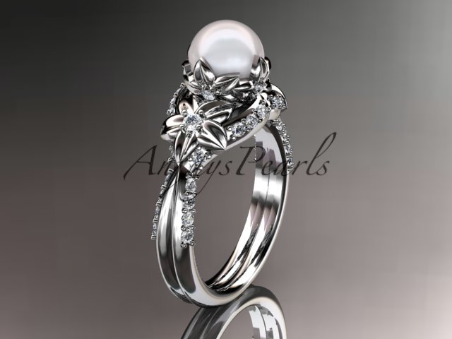 14kt white gold diamond pearl unique engagement ring, wedding ring AP220