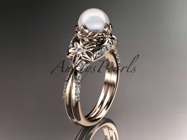 14kt rose gold diamond pearl unique engagement ring, wedding ring AP220