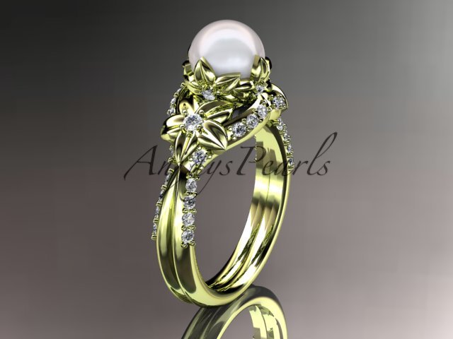 14kt yellow gold diamond pearl unique engagement ring, wedding ring AP220