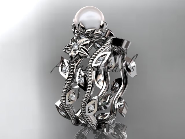 Platinum diamond pearl unique engagement set, wedding set AP151S