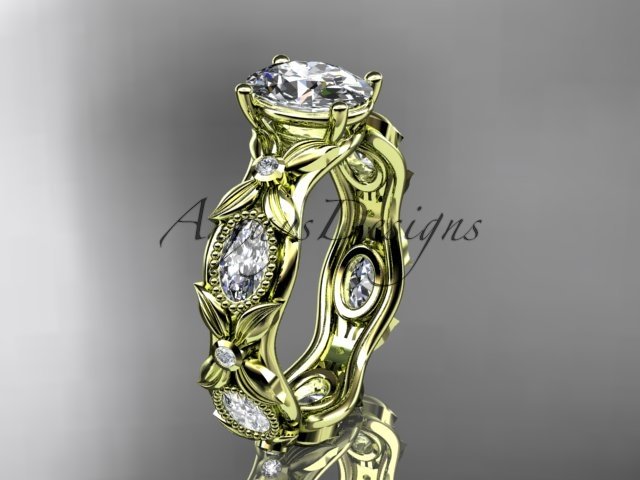 14kt yellow gold diamond leaf and vine engagement ring with a Moissanite center stone ADLR152