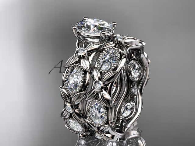 14kt white gold diamond leaf and vine engagement set with a Moissanite center stone ADLR152S