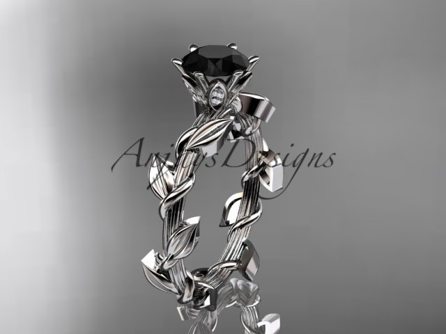 Unique 14kt white gold diamond floral engagement ring with a Black Diamond center stone ADLR248