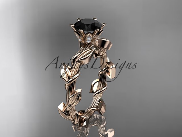 Unique 14kt rose gold diamond floral engagement ring with a Black Diamond center stone ADLR248