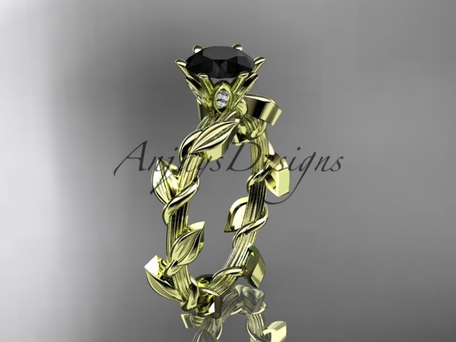Unique 14kt yellow gold diamond floral engagement ring with a Black Diamond center stone ADLR248