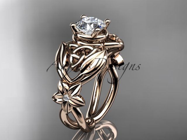 14kt rose gold diamond celtic trinity knot engagement ring with a Moissanite center stone CT7501