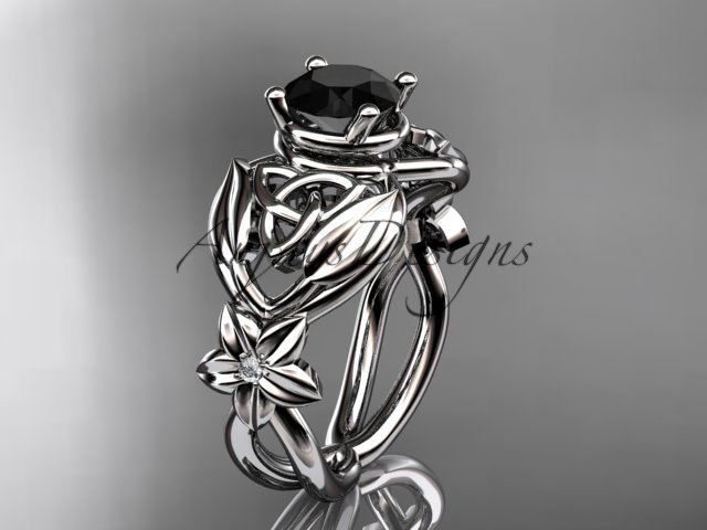 14kt white gold diamond celtic trinity knot engagement ring with a Black Diamond center stone CT7501