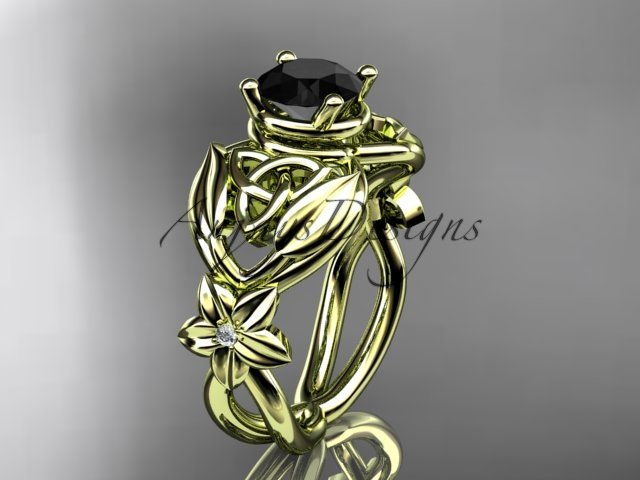 14k yellow gold diamond celtic trinity knot engagement ring with a Black Diamond center stone CT7501