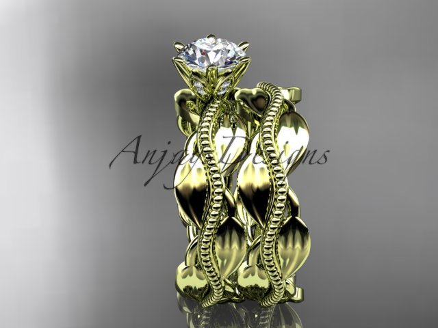 14k yellow gold leaf and vine engagement ring, wedding set ADLR258S