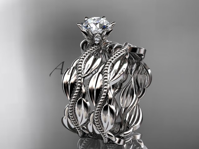 Platinum leaf and vine engagement ring, wedding set ADLR258S
