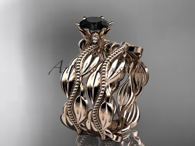 14k rose gold leaf and vine engagement ring, wedding set with a Black Diamond center stone ADLR258S