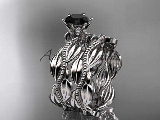 Platinum leaf and vine engagement ring, wedding set with a Black Diamond center stone ADLR258S