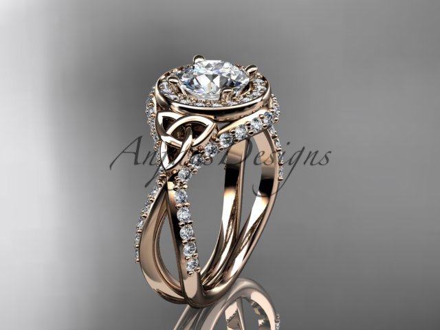 14kt rose gold diamond celtic trinity knot, engagement ring with a Moissanite center stone CT7416