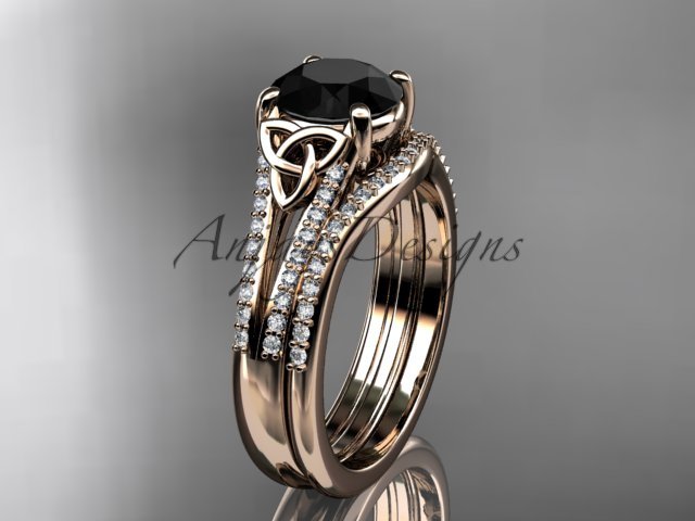 14kt rose gold celtic trinity knot engagment set with a Black Diamond center stone CT7108S
