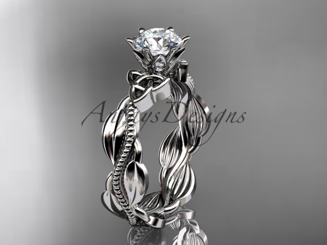 14kt white gold diamond celtic trinity knot engagement ring with a Moissanite center stone CT7258