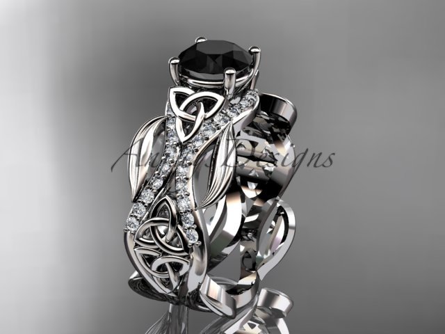 Platinum diamond celtic trinity knot engagement ring with a Black Diamond center stone CT7515