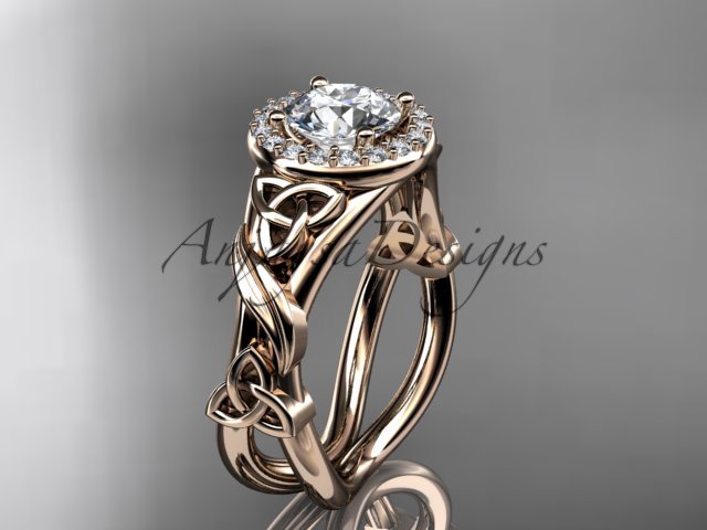 14kt rose gold diamond celtic trinity knot engagement ring with a Moissanite center stone CT7302