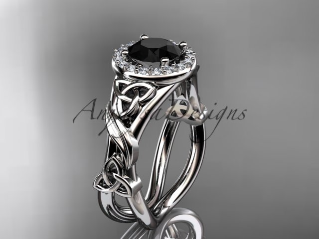 14kt white gold diamond celtic trinity knot engagement ring with a Black Diamond center stone CT7302