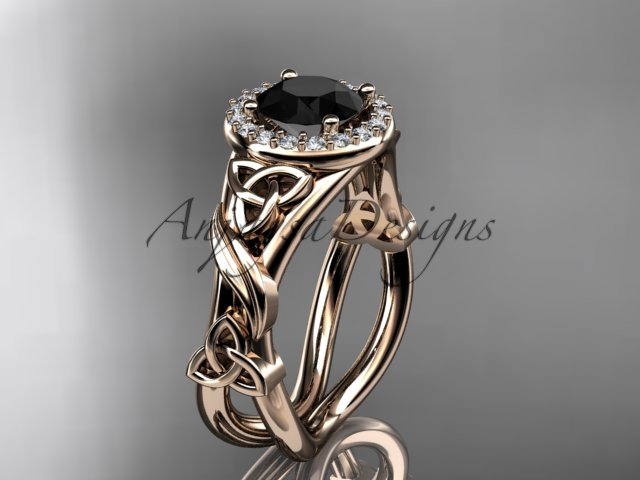 14kt rose gold diamond celtic trinity knot engagement ring with a Black Diamond center stone CT7302